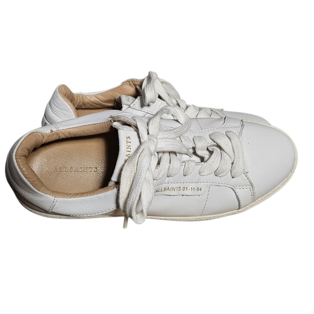 ALLSAINTS Sneaker White Leather Low Top Sheer Tennis Shoe Gold Lettering sz 7